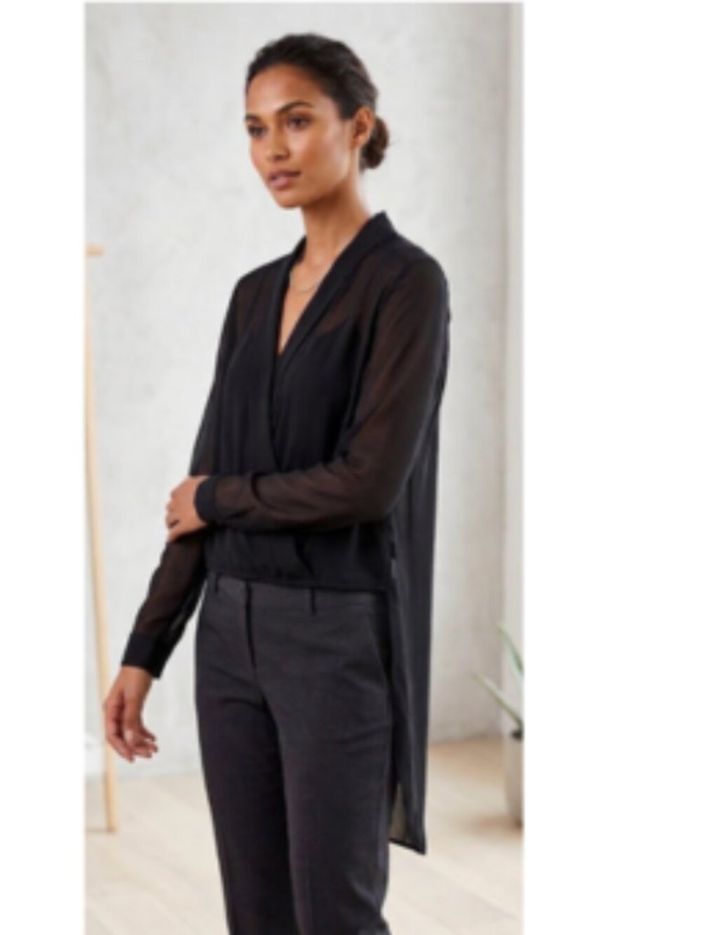 Lush Black Sheer Surplice Wrap Top High Low Hem Long Sleeve Blouse Size Small